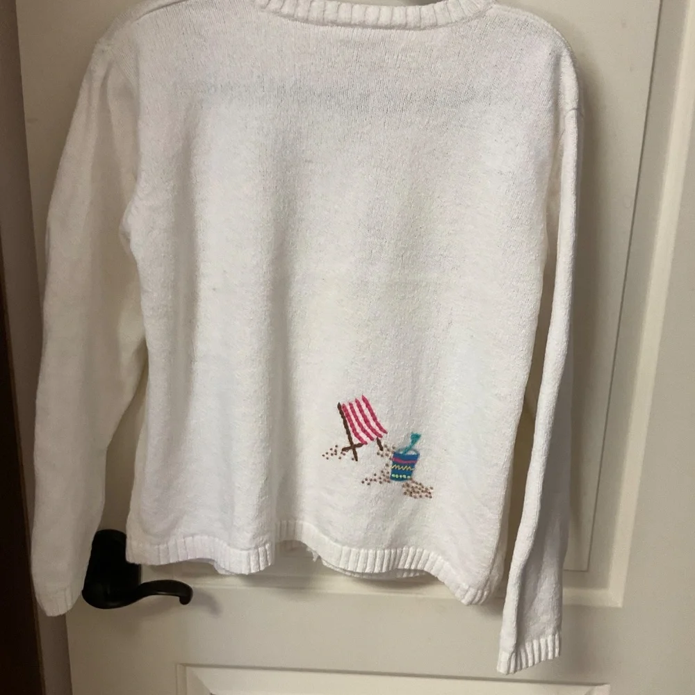 White Women's Beach Motif Button-Up Sweater Cardigan - Picture 6 of 9